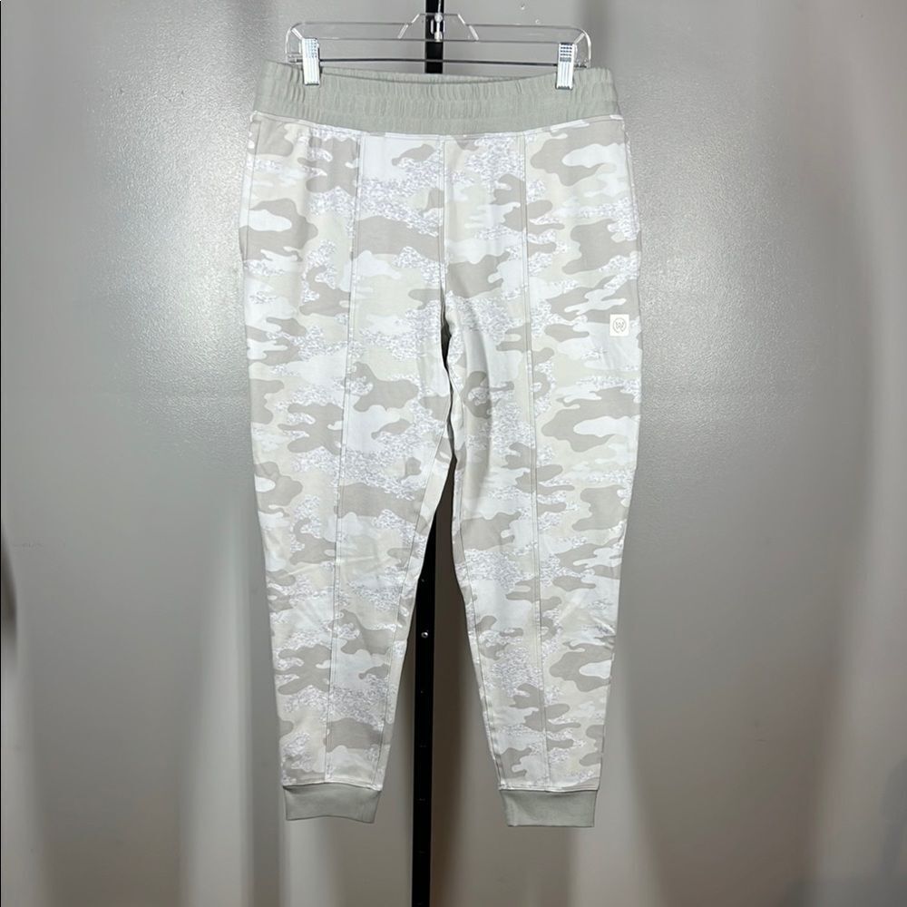 White and Gray Track Pants with Camouflage Pattern and Elastic Waistband